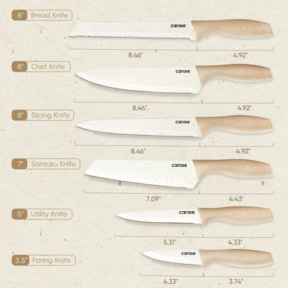 CAROTE 12PCS Knife Set with Blade Guards, White Granite Ceramic Coating, Stainless Steel Blade, Safe