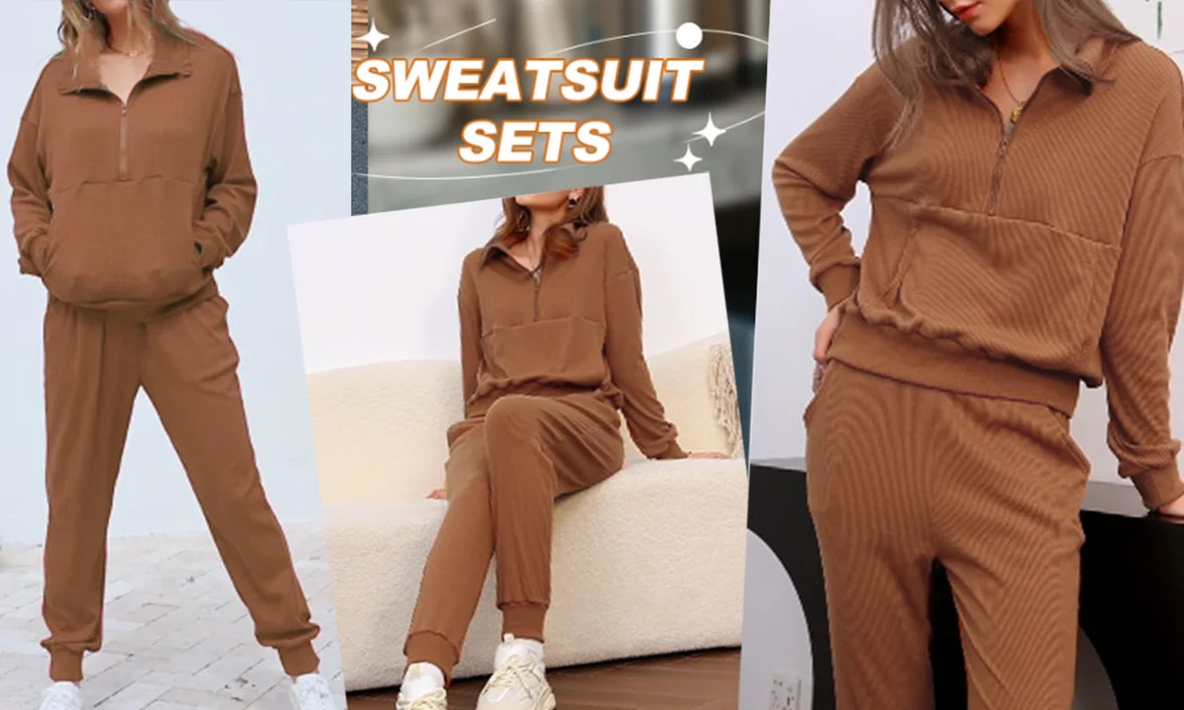 Fantaslook Womens 2 Piece Outfits Long Sleeve Half Zip Sweatsuits with Pockets Pullover Lounge Set