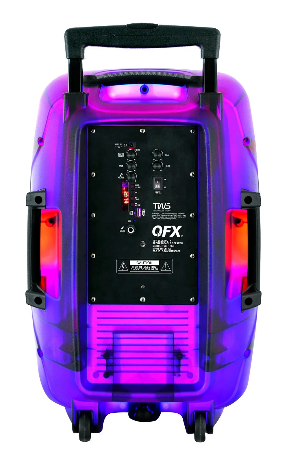 QFX TMS-1560 15” Portable Bluetooth Rechargable Party Speaker with Translucent Motion Party Lights and Remote