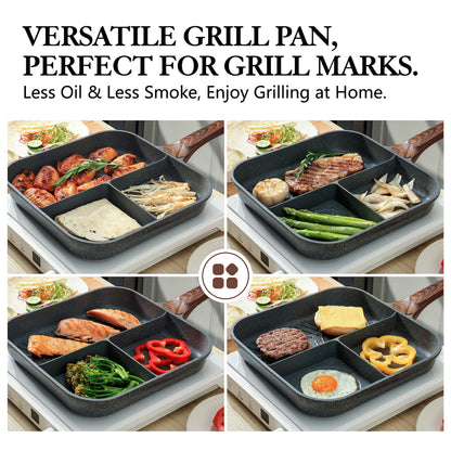 SENSARTE Nonstick Divided Grill Pan for Stove Tops, 3-Section Versatile Breakfast Grilling Pan, Durable Square Grill Skillet, Steak Griddle Pan, PFOA, PFOS, APEO Free, Induction Compatible, 9.5 Inch