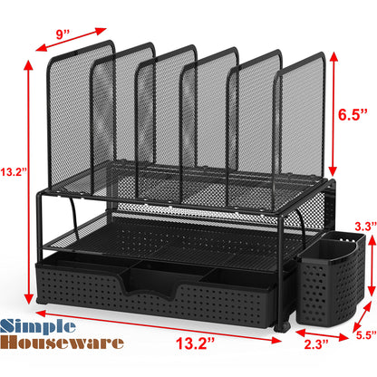 Simple Houseware Mesh Desk Organizer with Sliding Drawer, Double Tray and 5 Upright Sections, Black