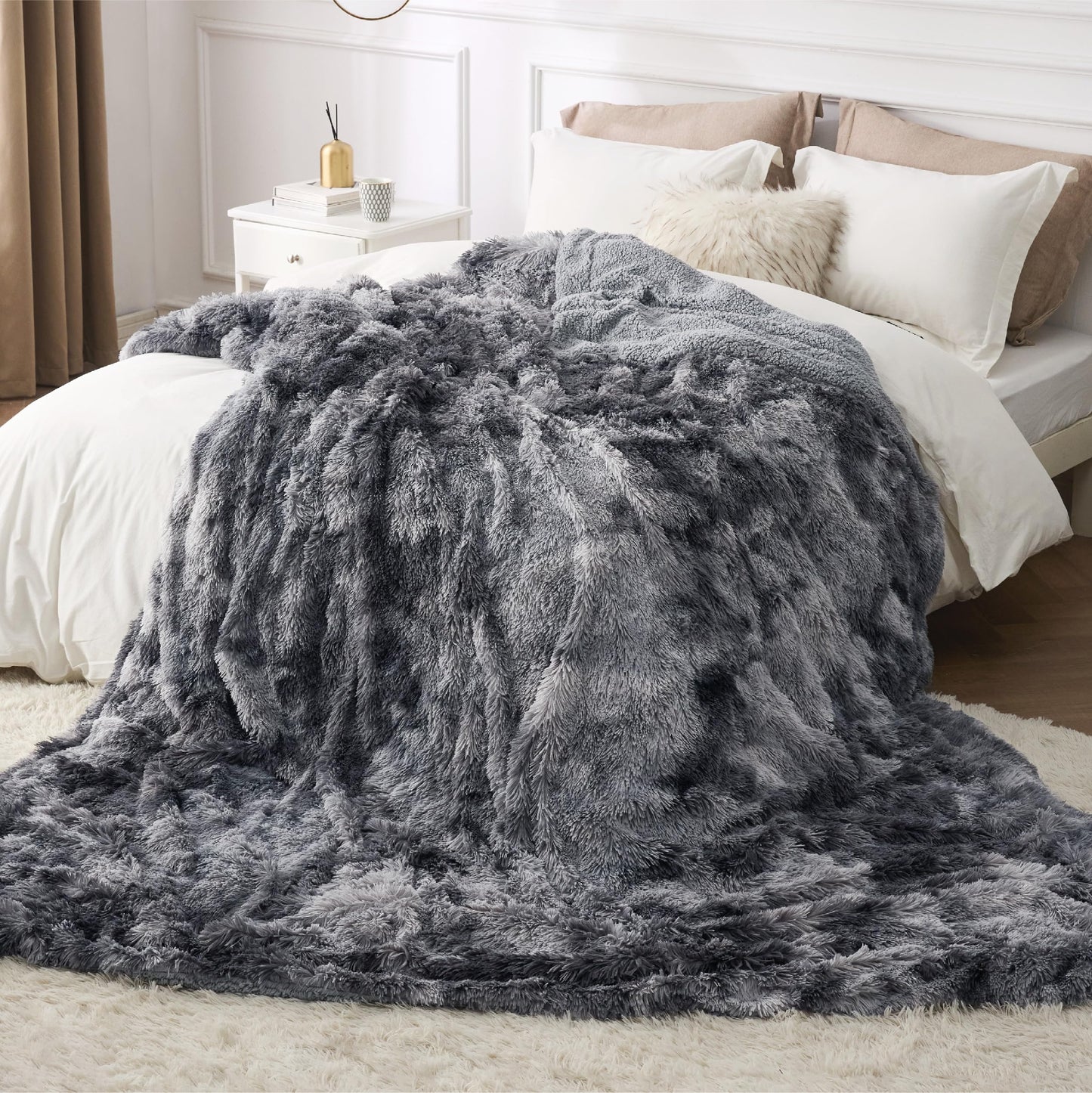 Bedsure GentleSoft Fluffy Sherpa Fleece Faux Fur Blankets Queen Size for Bed, Bedroom Decor Winter Bedding Thick Warm Full Queen Blankets, Fuzzy Plush Soft Heavy Mink Cozy Gifts, Tie Dye Grey, 90x90