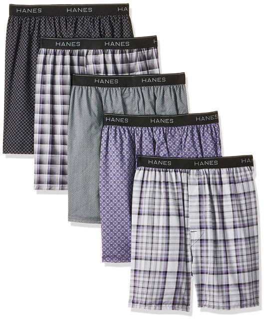 Hanes Men's Tagless Boxer With Exposed Waistband Multi-Packs, 5 Pack - Assorted Prints, Medium