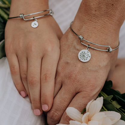 Mother Daughter Bangle Bracelets in Stainless Steel | Sterling Silver Dandelion Charm | Valentine's Day Gift for Her