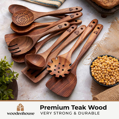 Wooden Spoons for Cooking – 10 Pc Teak Wood Utensil Set, Durable, Nonstick Safe & Heat Resistant with Ergonomic Handles