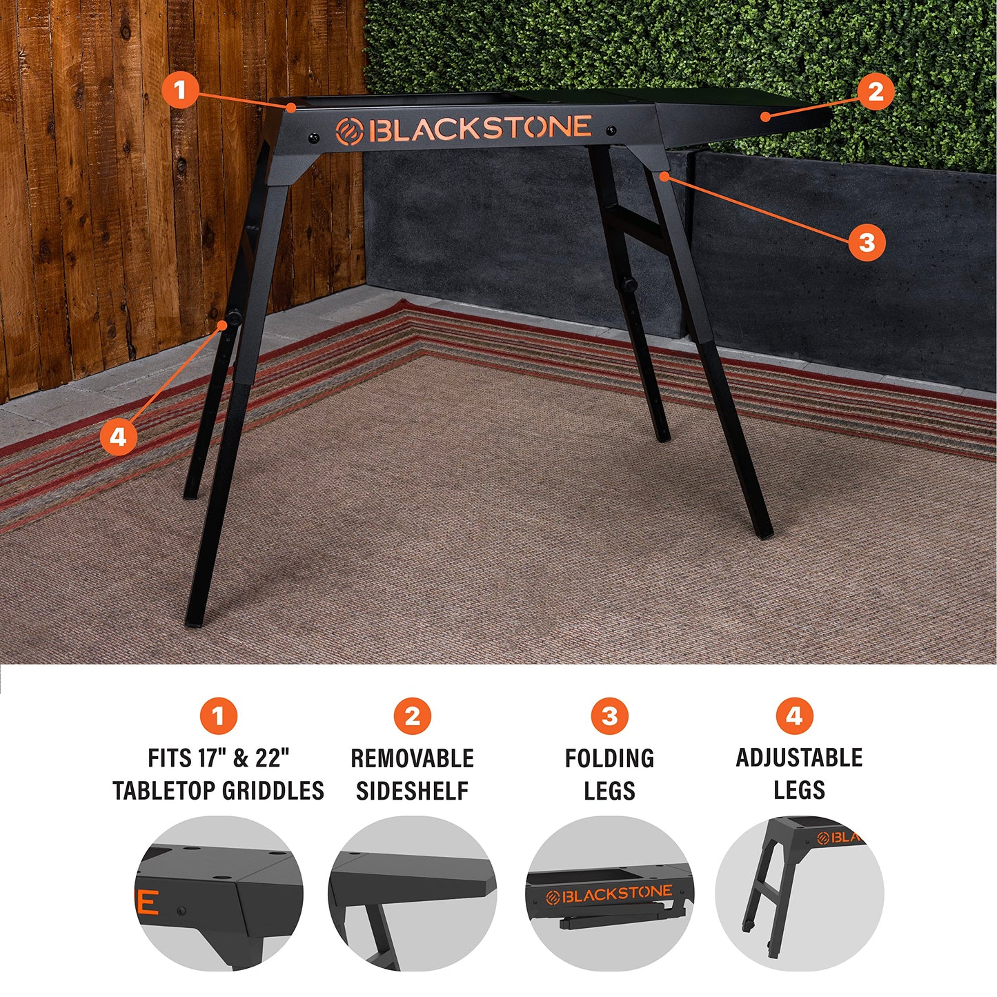 Blackstone 5013 Collapsible 17” and 22” Tabletop Griddle Stand with Adjustable Legs and a Removable Side Shelf, Powder Coated Steel, Black