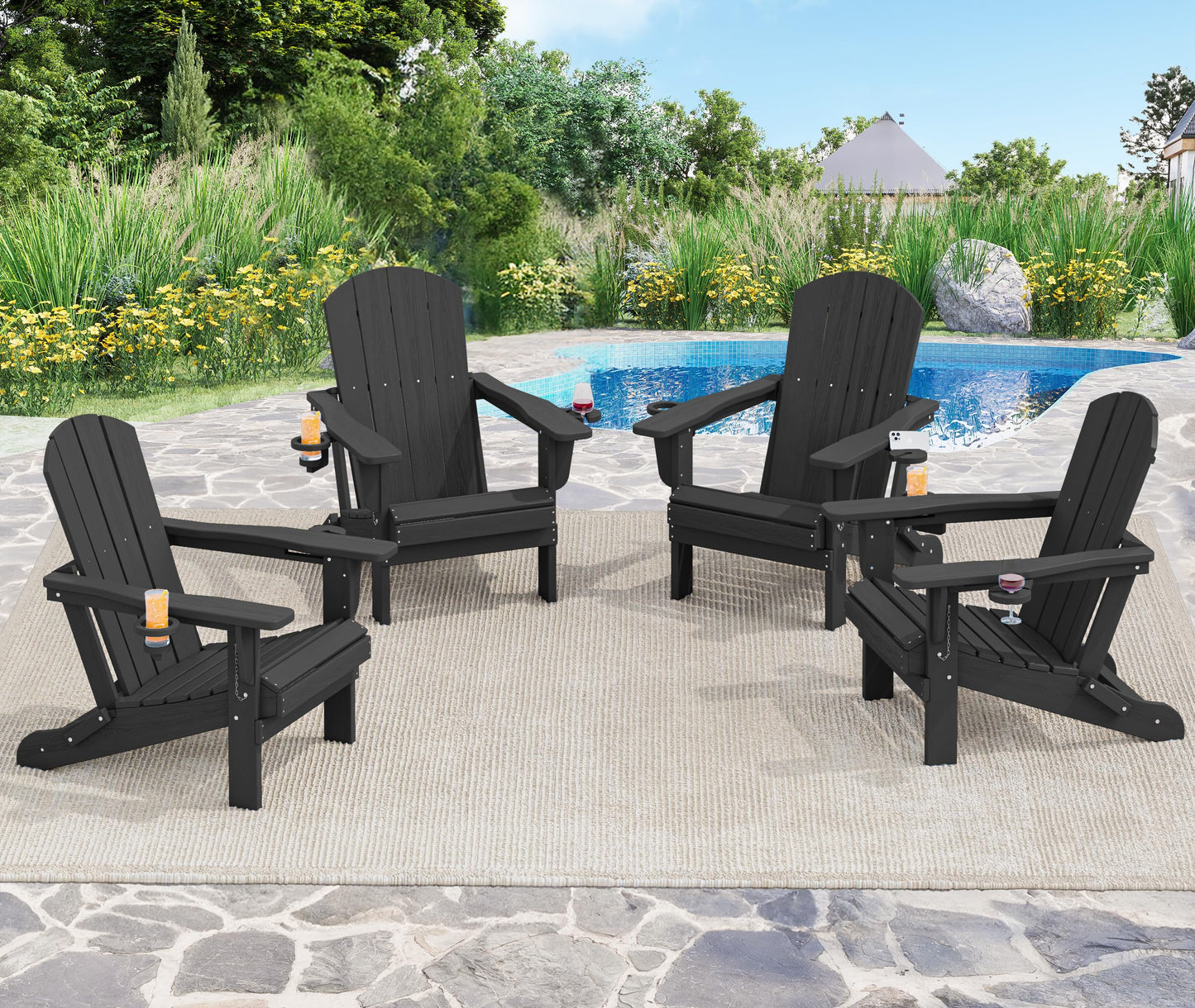 SERWALL HDPE Folding Adirondack Chair with Dual Cup Holder - Composite Adirondack Chair Set of 4- Black