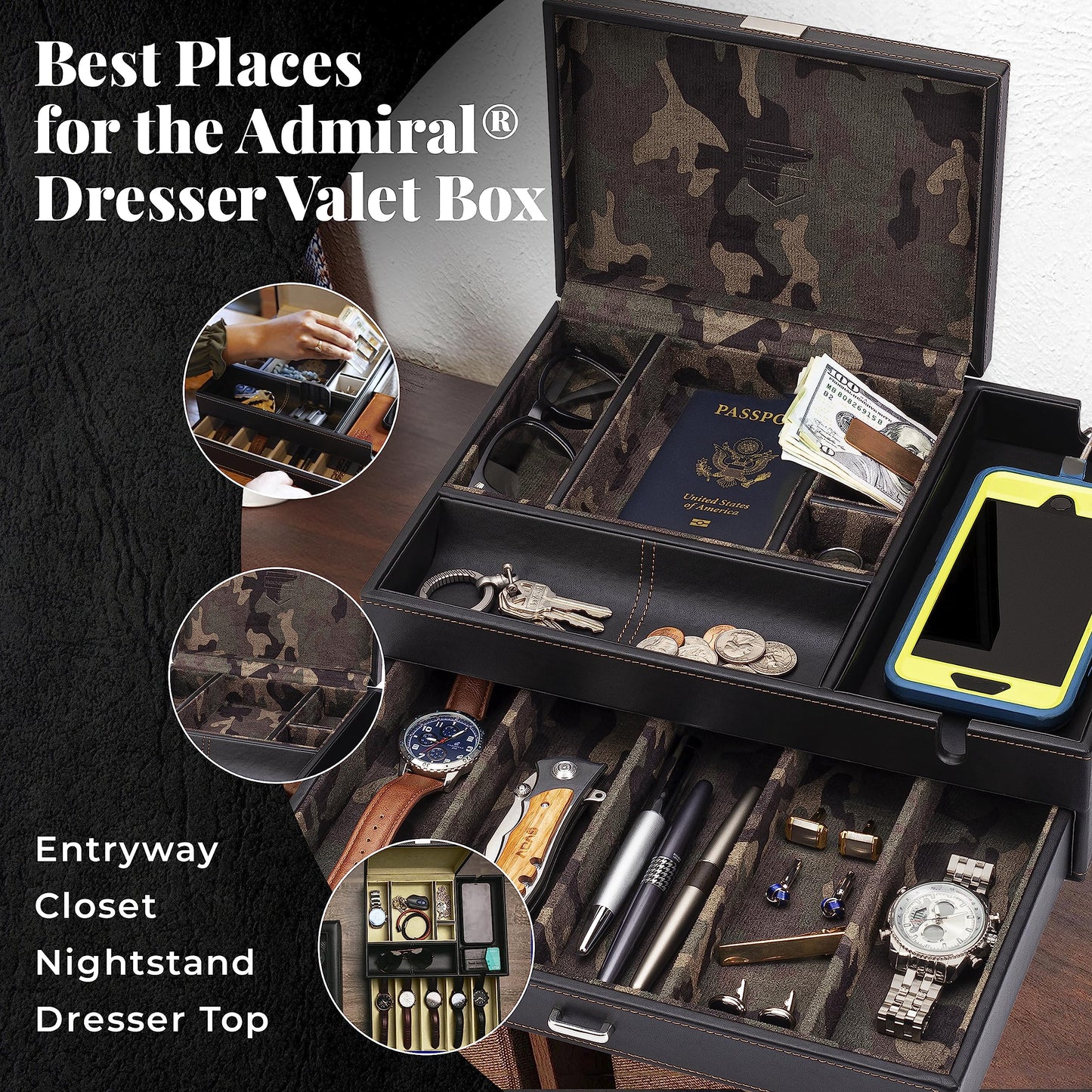 HOUNDSBAY Admiral Dresser Valet Box & Mens Jewelry Box Organizer - Watch Box Organizer for Men with Large Smartphone Charging Station (Camo)