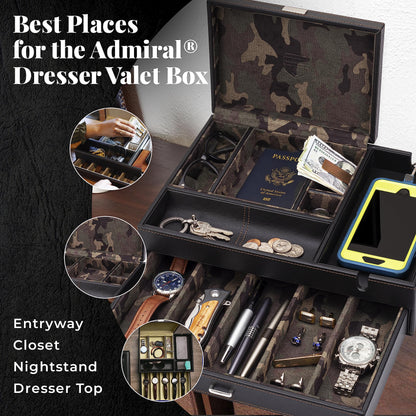 HOUNDSBAY Admiral Dresser Valet Box & Mens Jewelry Box Organizer - Watch Box Organizer for Men with Large Smartphone Charging Station (Camo)