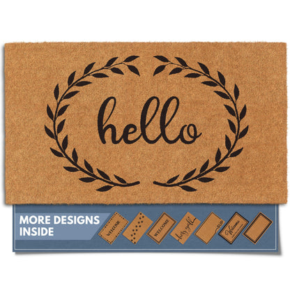 Barnyard Designs Natural Coco Coir Heavy Duty Backing Doormat - Large Cute Non-Slip Front Door Welcome Mat for Outside Entrance or Porch Entry, Brown (17x30, Hello Wreath)