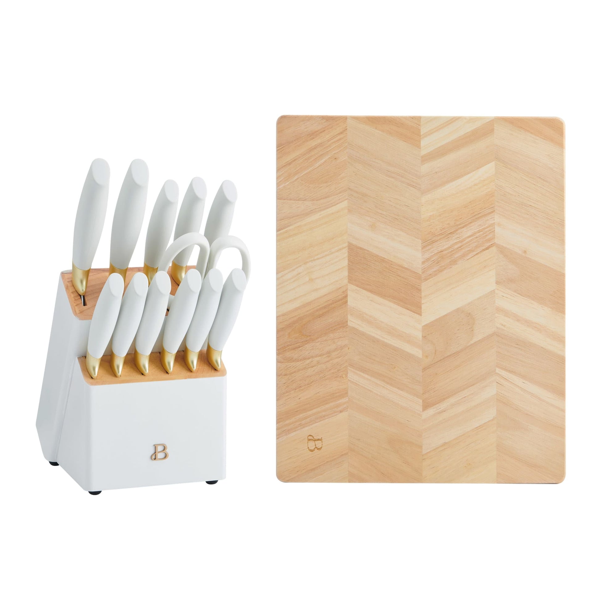 Beautiful 14-Piece White & Gold Knife Block Set with 11x14 Herringbone Wood Cutting Board by Drew Barrymore