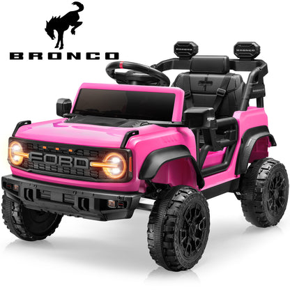 Ford Ride on Toy Cars, 12V Ford Bronco Raptor Powered Ride on Truck with Remote Control, Electric Car for Kids Girls 3-5 Gift with Bluetooth, Bright LED Headlight, Safety Belt, 4 Wheelers, Pink