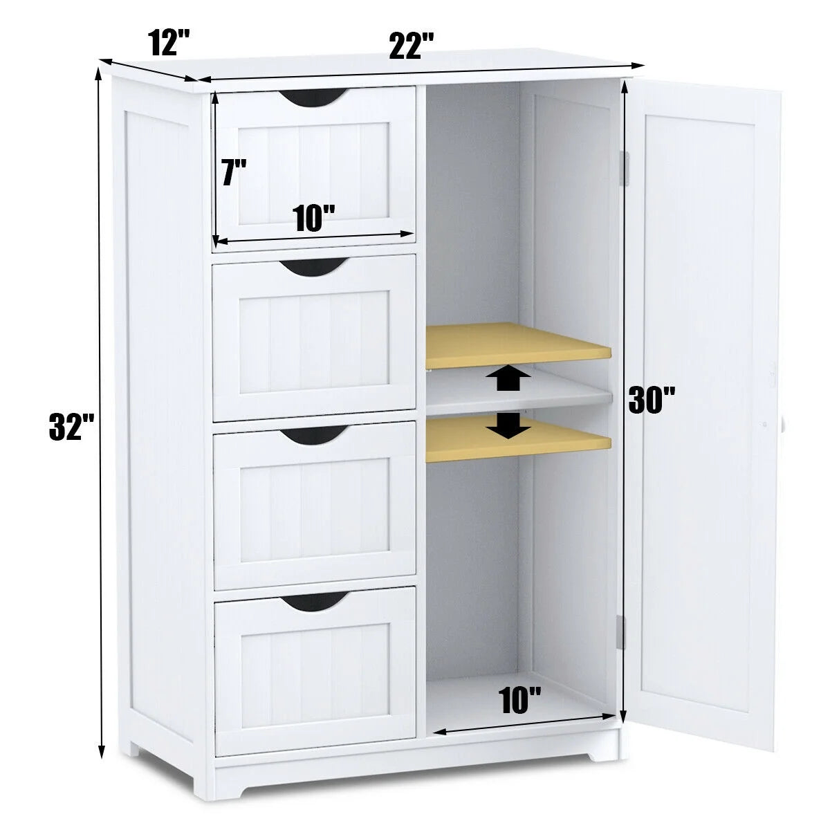 Costway Bathroom Storage Wooden 4 Drawer Cabinet Cupboard 2 Shelves Free Standing White