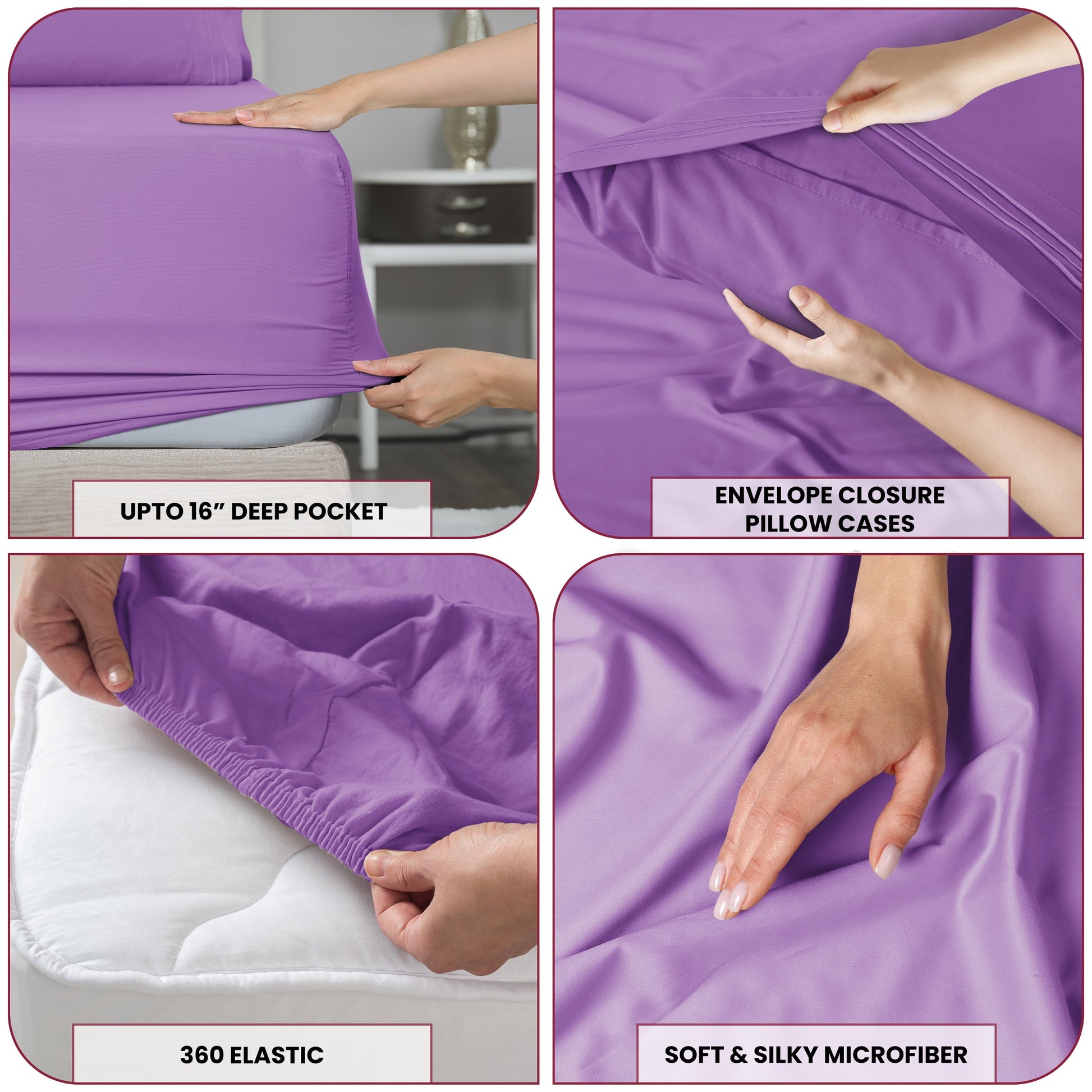 Lux Decor Collection Queen Size Sheets Set Brushed Microfiber High GSM, 4 Piece Sheet Set Upto 16 Inches Deep Pocket Bedding Sheets & Pillowcases - Purple