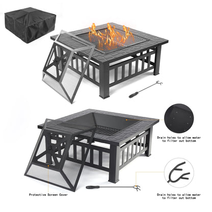 Fire Pits for Outside, 32" Wood Burning Fire Pit Tables with Screen Lid, Poker, BBQ Net, Ice Tray, Food Clip and Cover, Backyard Patio Garden Outdoor Fire Pit/Ice Pit/BBQ Fire Pit, Black