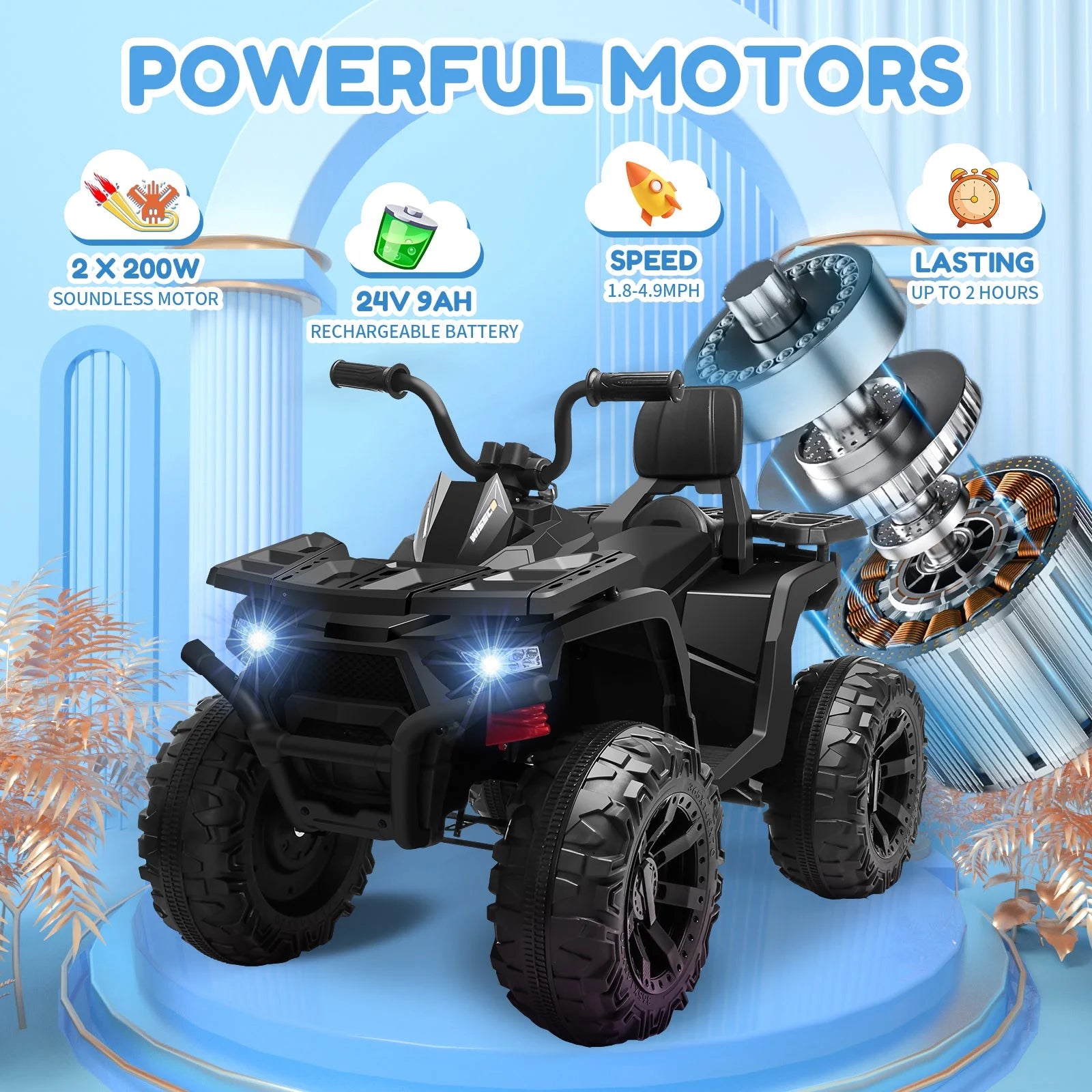 Joyracer 24V 2-Seater Kids Ride on Toy, 400W Motors, 9AH Battery Powered Electric 4-Wheeler ATV, Black