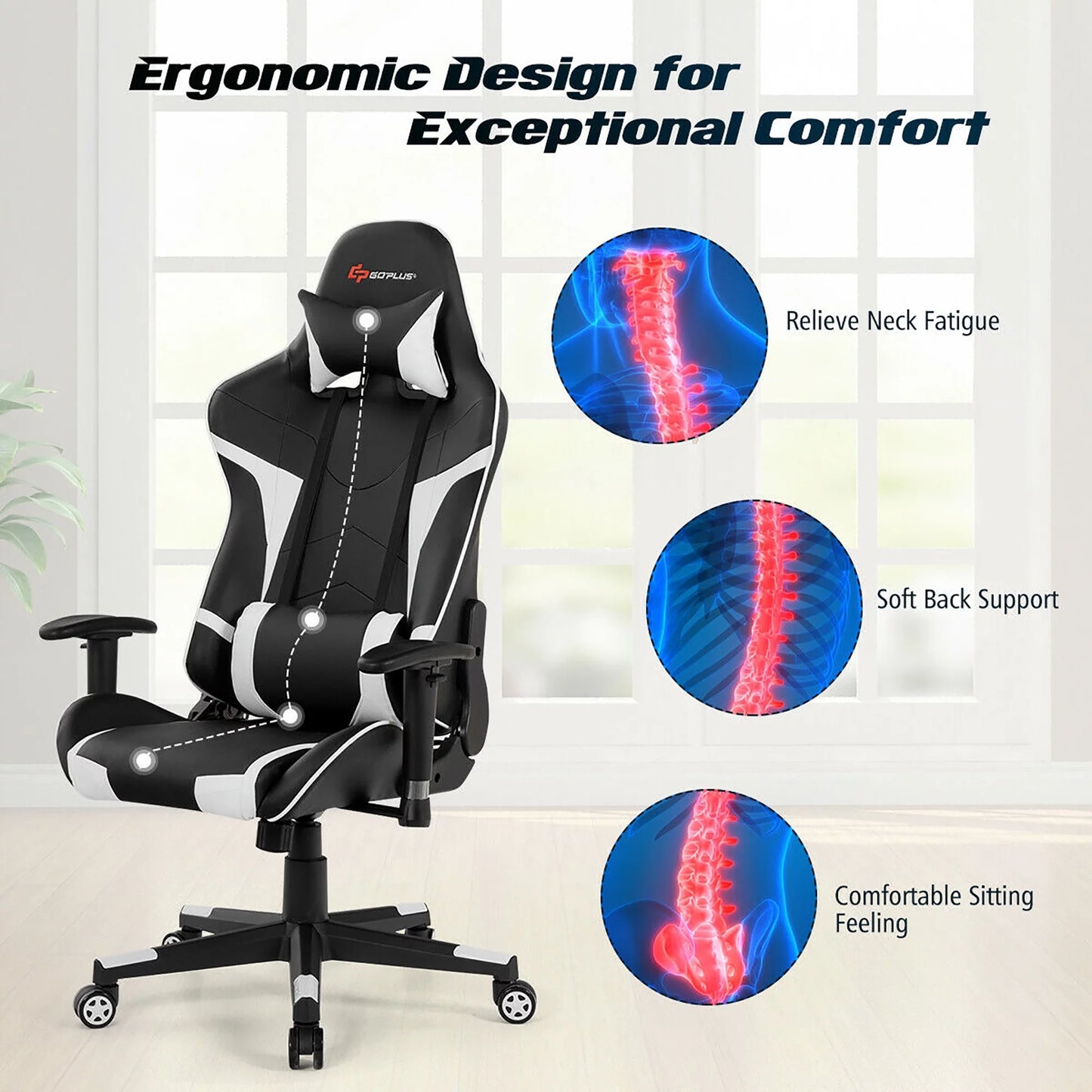 Goplus Massage Gaming Chair Racing Computer Swivel Chair with Headrest & Lumbar Support White