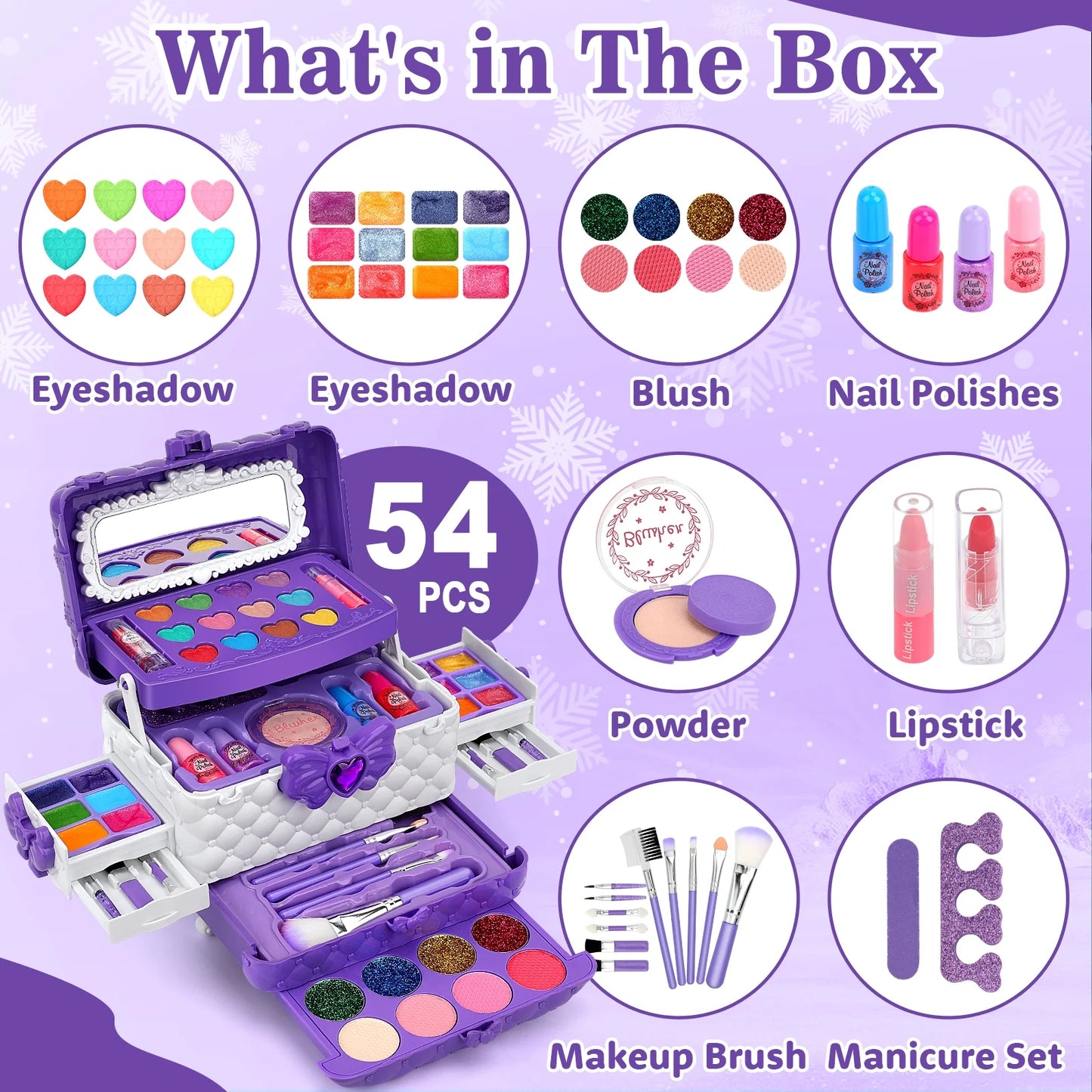 Sendida Kids Makeup Kit for Girl Gifts, 54PCS in 1 Makeup Toys Washable Little Girls Princess Make Up Toys for 4 5 6 7 8 9 Year Old Girl Birthday Gift (Purple)