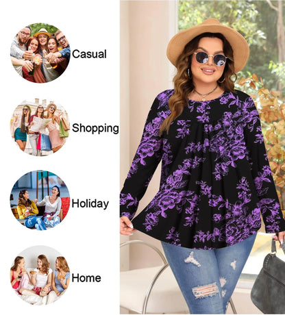 Fantaslook Womens Plus Size Tops Fall Long Sleeve Shirts Crew Neck Casual Loose Tunic Blouses