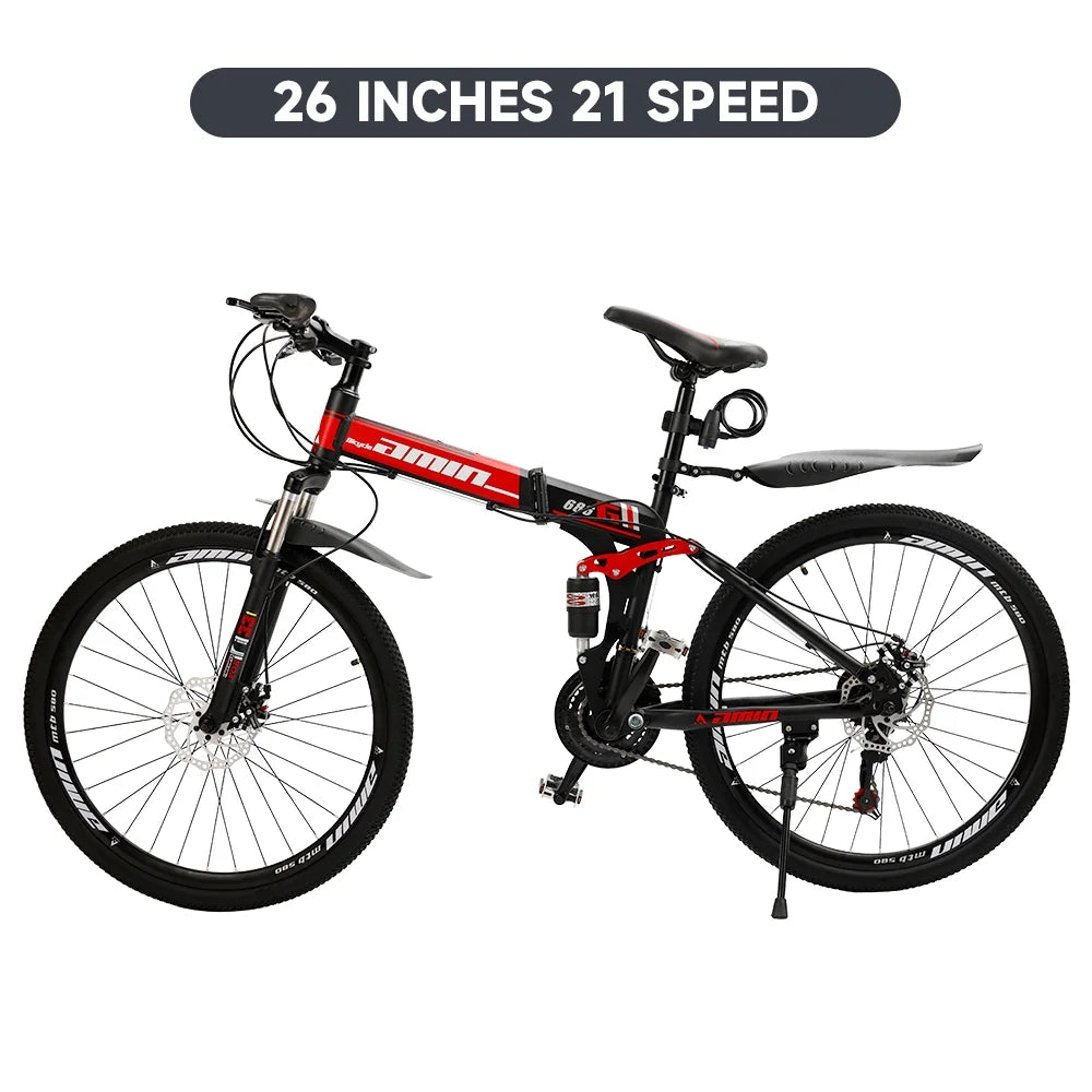 ARTUDATECH Full Suspension Mens Folding Mountain Bike, Shimano 21 Speed, 26 Inch Wheel, Dual Disc Brake Foldable Bike for Men Womens Adult Bicycle