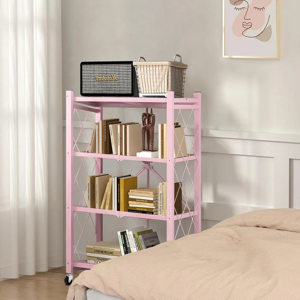 COOKCOK 4-Tier Storage Shelving Unit, Metal Shelf, Foldable Storage Shelf with Wheels, 27.9"x13.4"x49.72" Garage Shelf, Kitchen Shelf with 4 Hooks, No Assemble Require, Pink