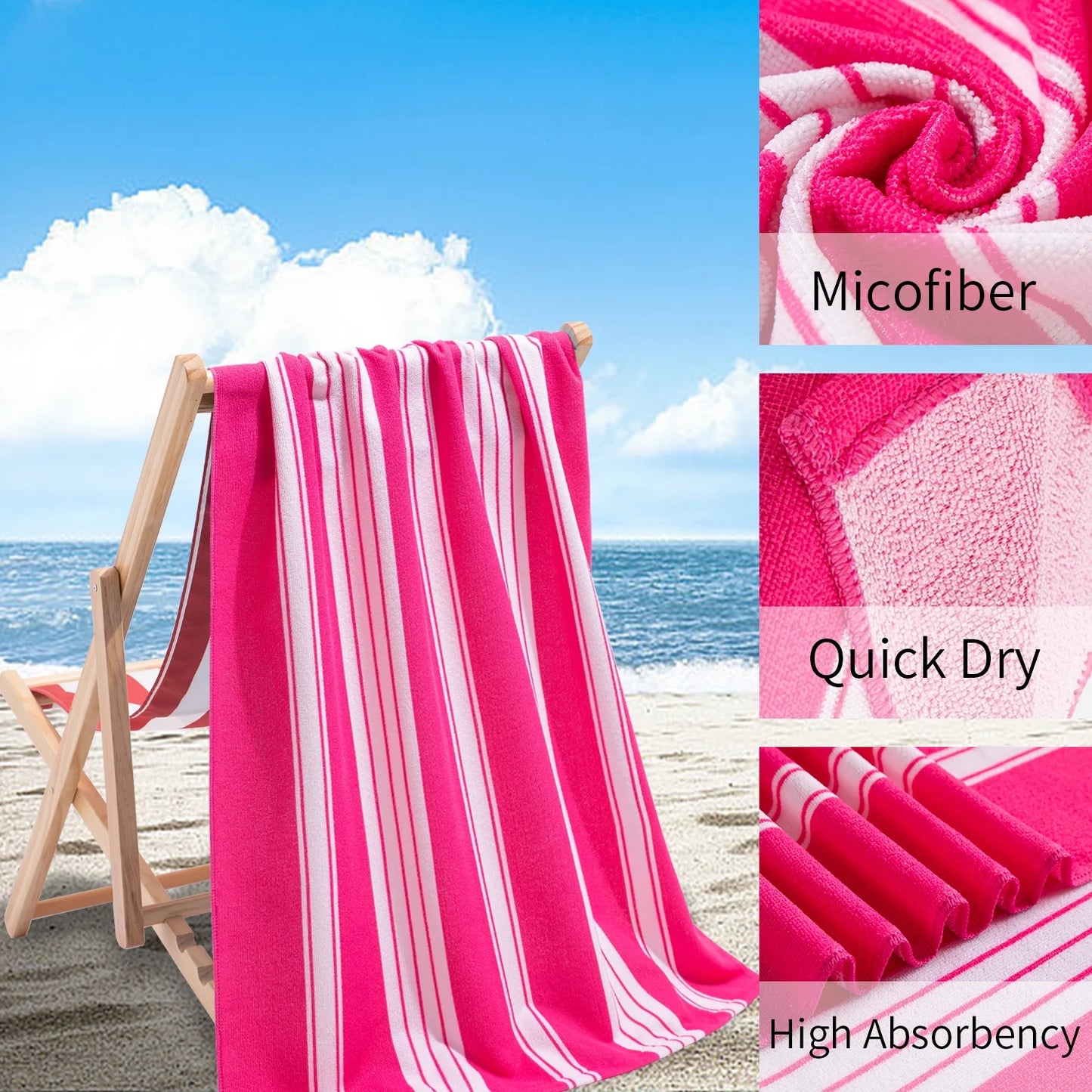 Smuge 2 Pack Oversized Cabana Stripe Beach Towels, 60x30 inches Microfiber Outdoor Large Swim Towel for Adults (Rose Red)