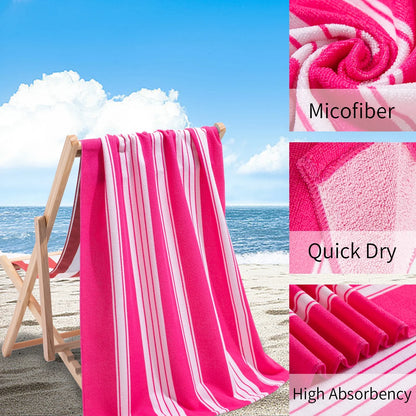 Smuge 2 Pack Oversized Cabana Stripe Beach Towels, 60x30 inches Microfiber Outdoor Large Swim Towel for Adults (Rose Red)