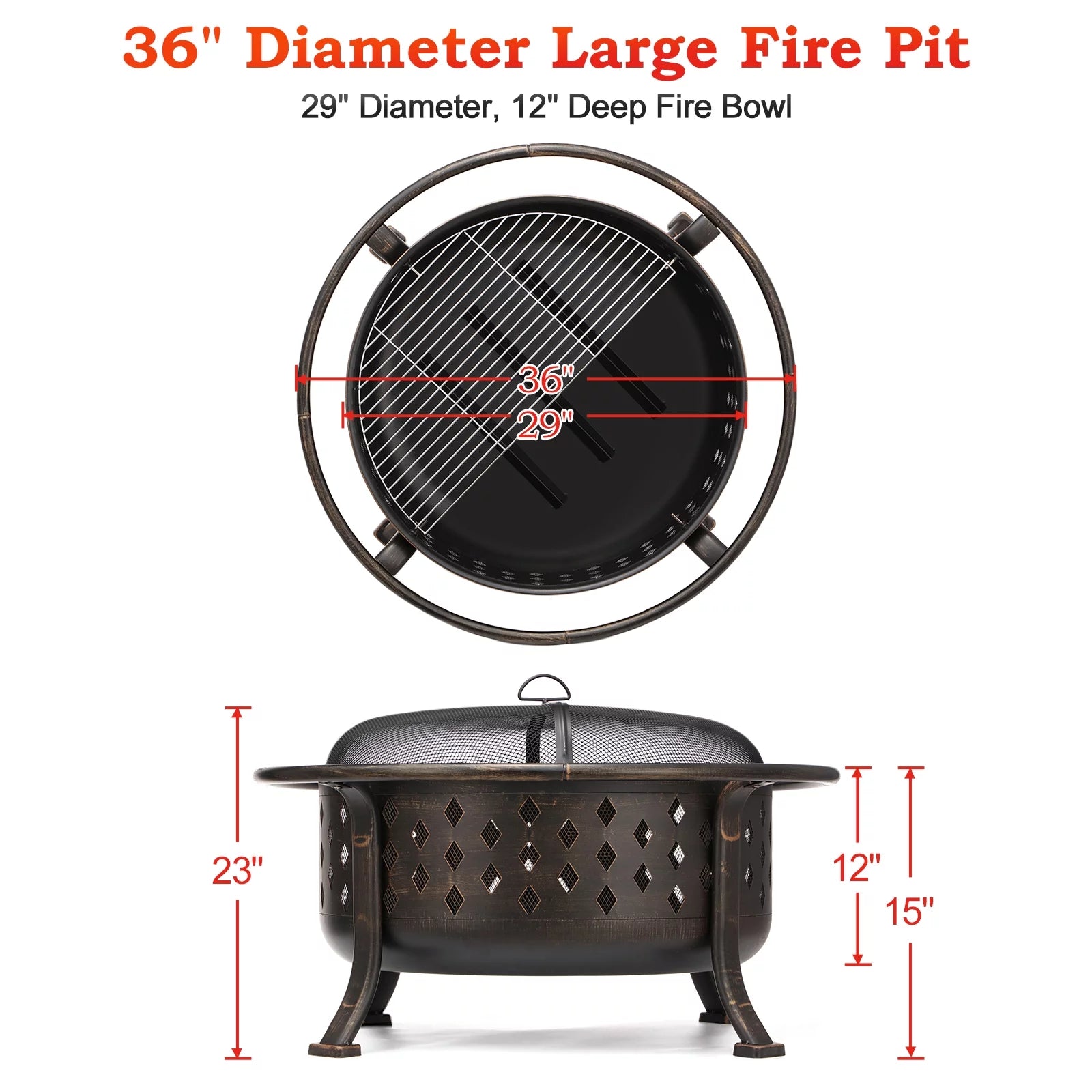 Singlyfire 36 inch Fire Pit for Outside Wood Burning Fire Pit Large Deep Fire Bowl for Camping Picnic Bonfire Patio Outside Backyard Garden Bonfire Pit with Cooking Grill Grate Spark Screen Log Grate