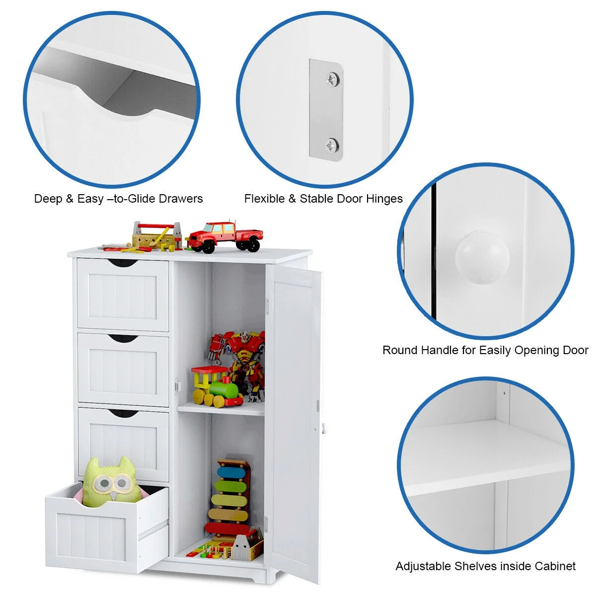 Costway Bathroom Storage Wooden 4 Drawer Cabinet Cupboard 2 Shelves Free Standing White