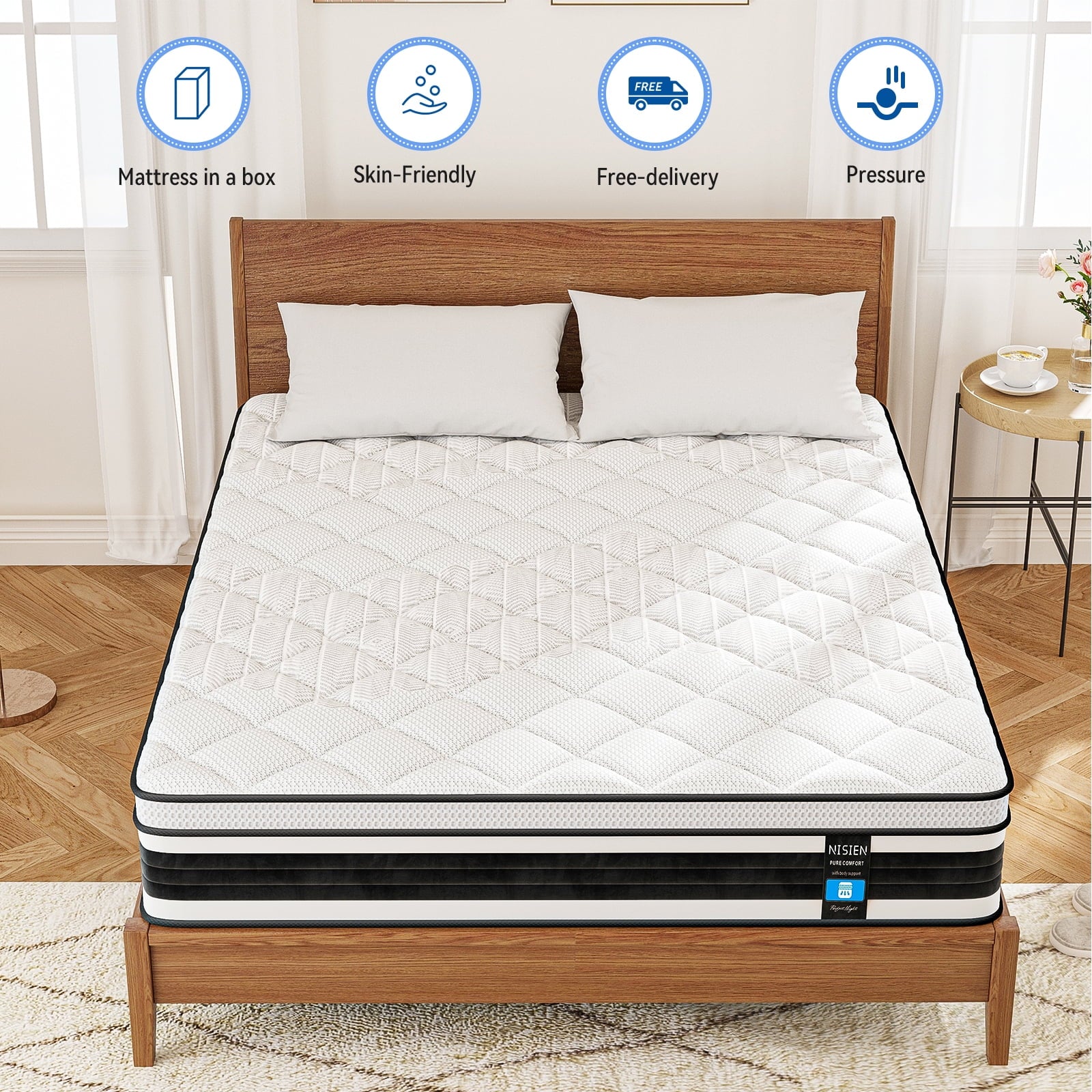 Queen Mattress,Nisien 12 Inch Hybrid Mattress in a Box, Gel Memory Foam Mattress,Individually Wrapped Pocket Coils Innerspring Mattress, Support & Pressure Relief, Medium Firm Feel, 60"*80"*12"