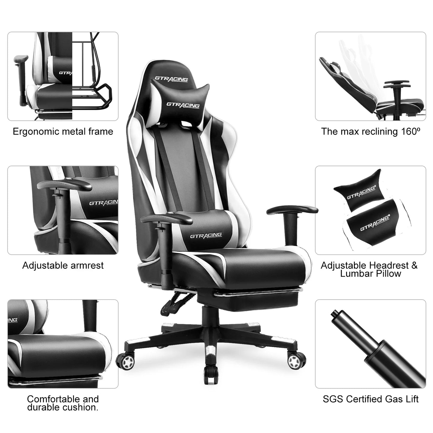 GTRACING Gaming Chair with Footrest PU Leather Office Chair with Adjustable Headrest, White