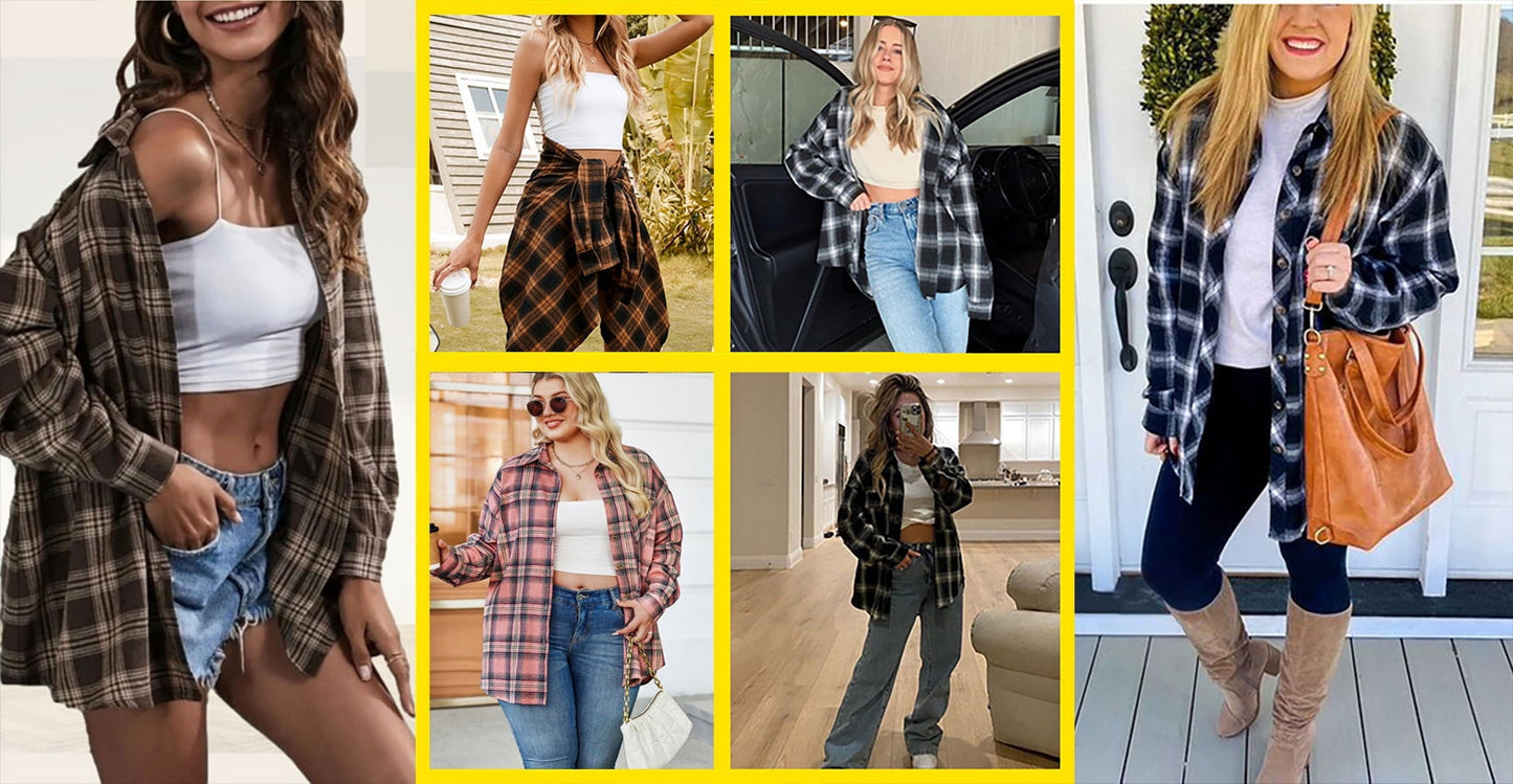 Fantaslook Plaid Flannel Shirts for Women Oversized Long Sleeve Button Down Shirts Blouses Tops