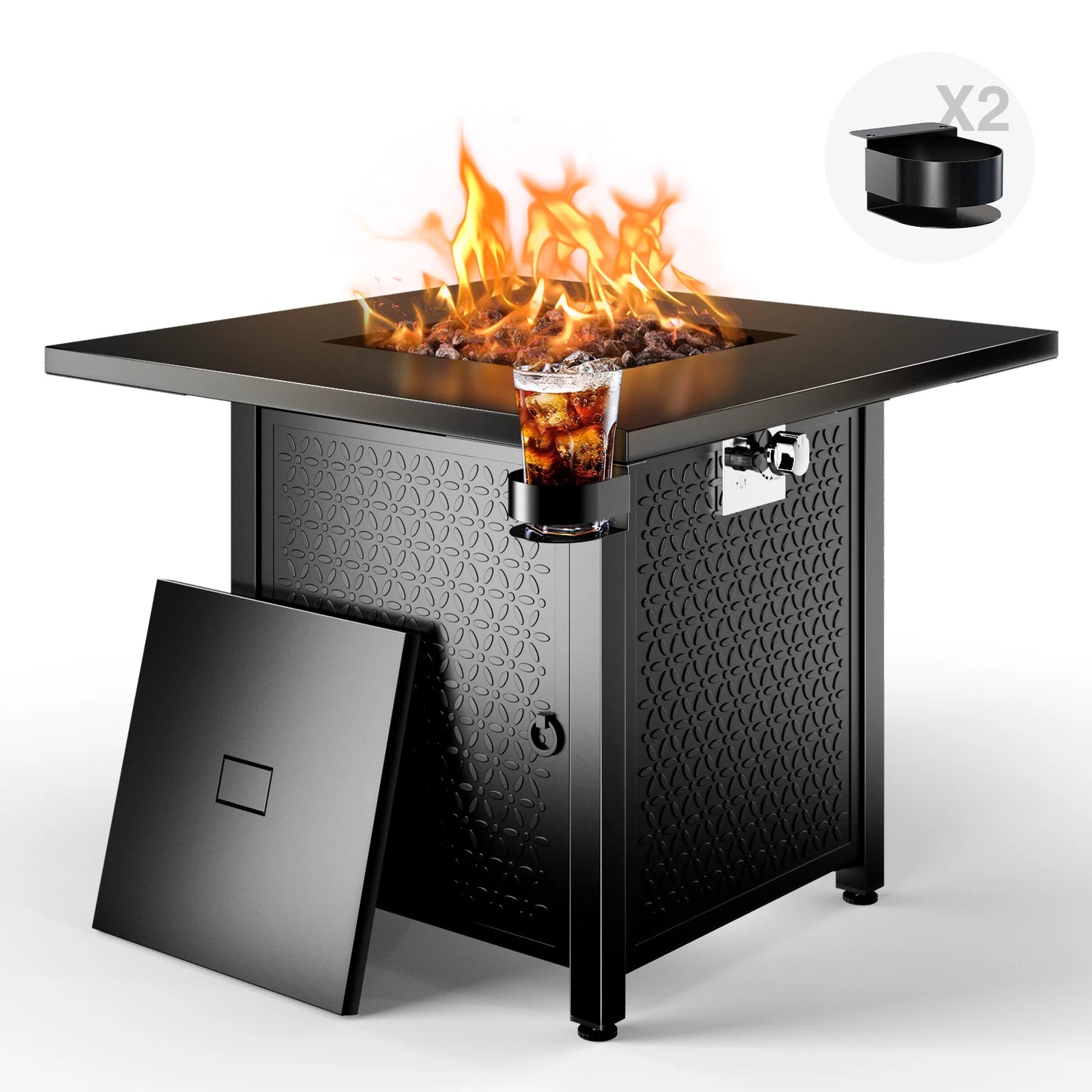 28 Inch Propane Fire Pits with Lid and Lava Rock, 50000 BTU Steel Gas Fire Pit Table for Outdoor