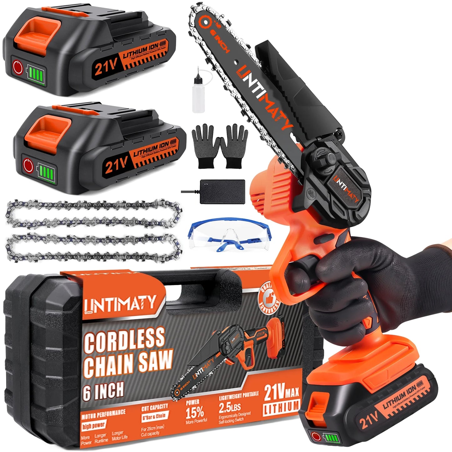 UNTIMATY 6" Mini Chainsaw with 2 Batteries 2 Chains, 6-Inch Cordless Handheld Chain Saw for Wood Cutting Tree Trimming