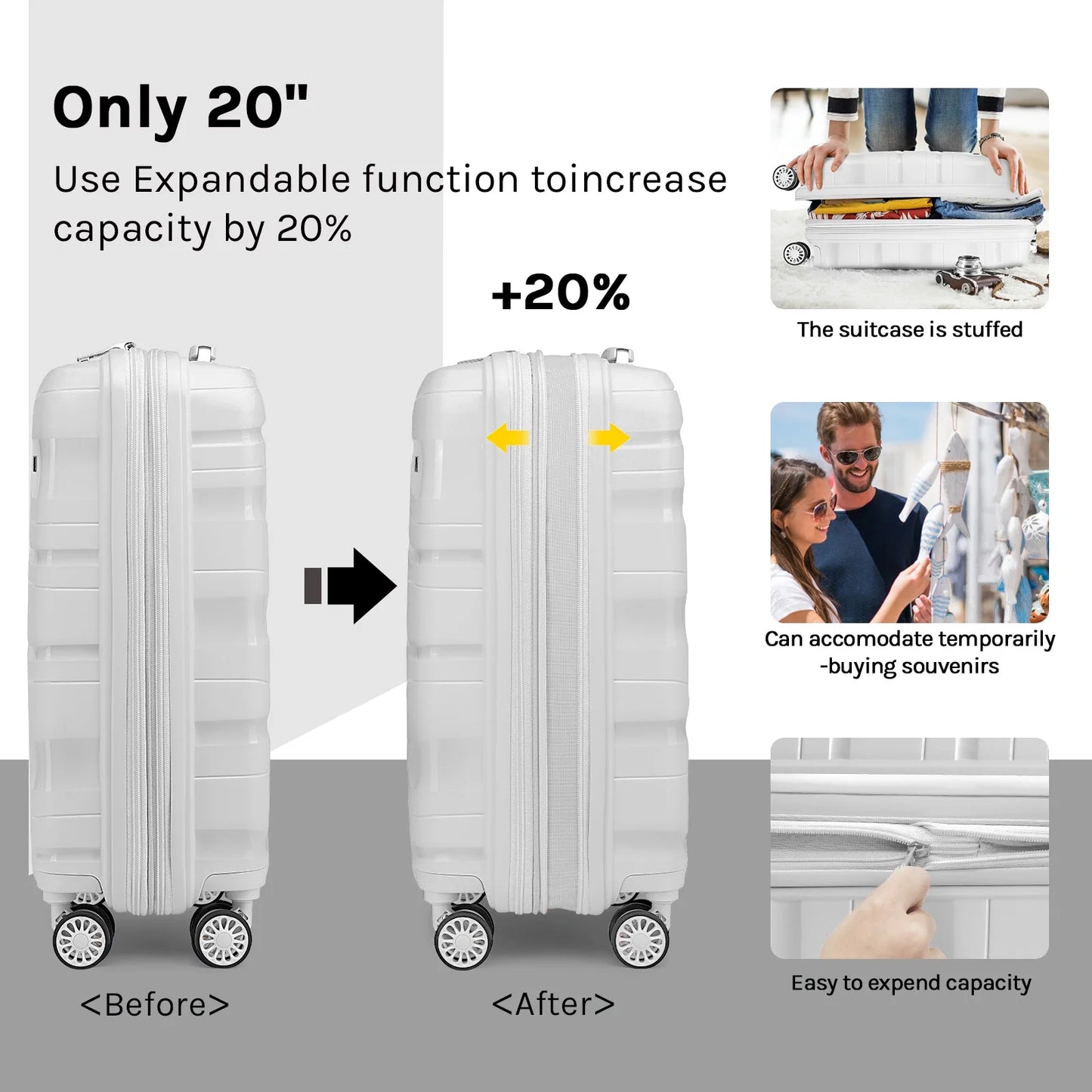 Melalenia - 5 Luggage Sets PP Hardside Spinner Luggage - (Expandable Carry-on Suitcase20")( 24" 28")-White