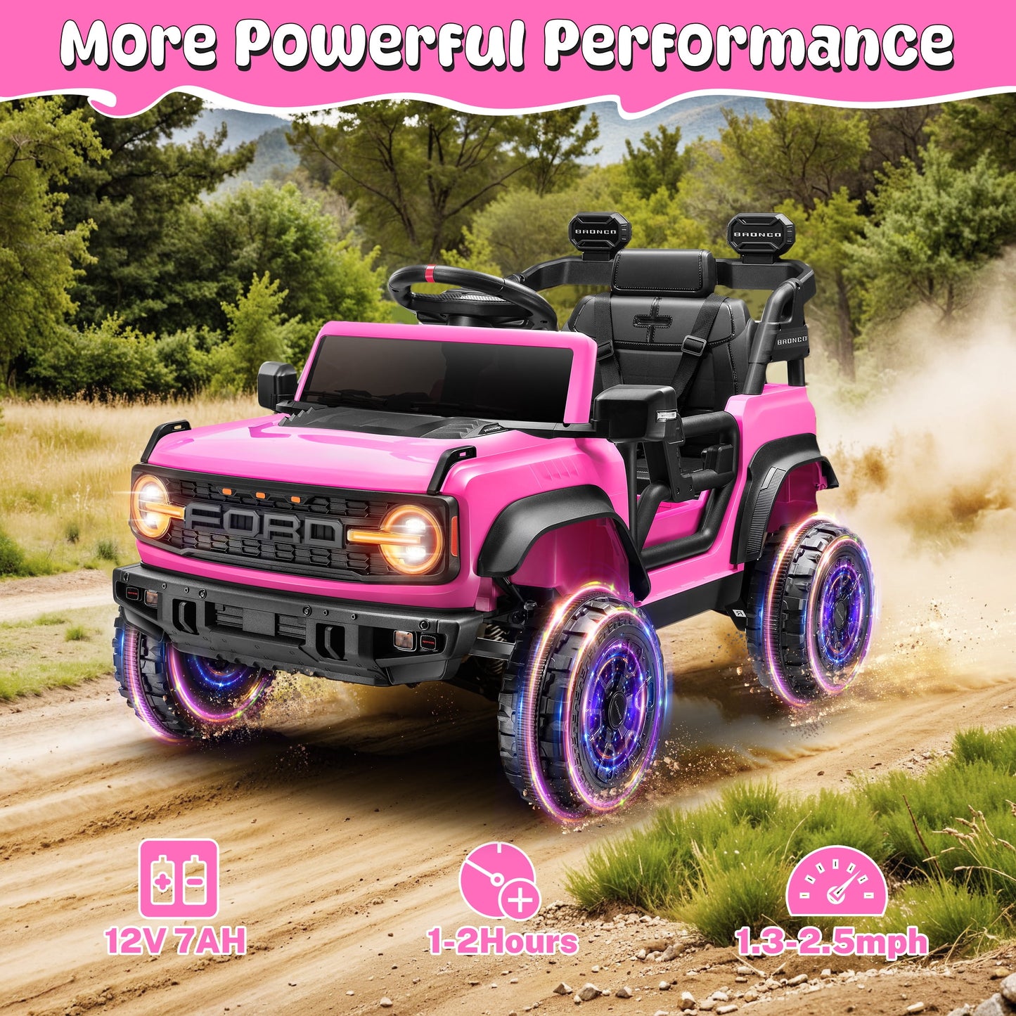 Ford Ride on Toy Cars, 12V Ford Bronco Raptor Powered Ride on Truck with Remote Control, Electric Car for Kids Girls 3-5 Gift with Bluetooth, Bright LED Headlight, Safety Belt, 4 Wheelers, Pink