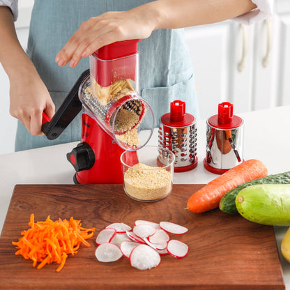 Geedel Rotary Cheese Grater, Kitchen Grater Vegetable Slicer with 3 Interchangeable Blades, Powerful Suction, Dishwasher Safe, Easy to Clean Grater for Vegetable, Fruit, Nuts