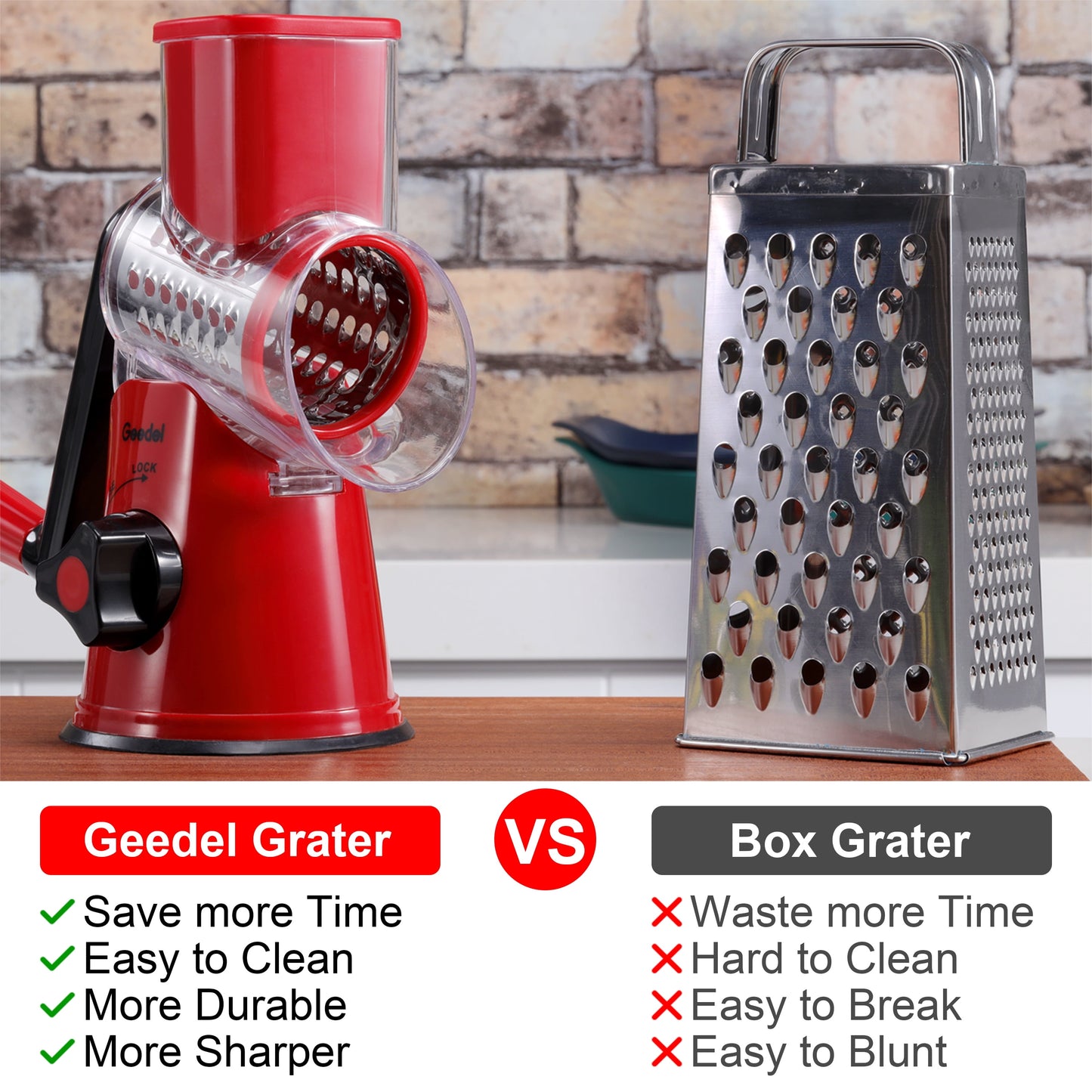 Geedel Rotary Cheese Grater, Kitchen Grater Vegetable Slicer with 3 Interchangeable Blades, Powerful Suction, Dishwasher Safe, Easy to Clean Grater for Vegetable, Fruit, Nuts