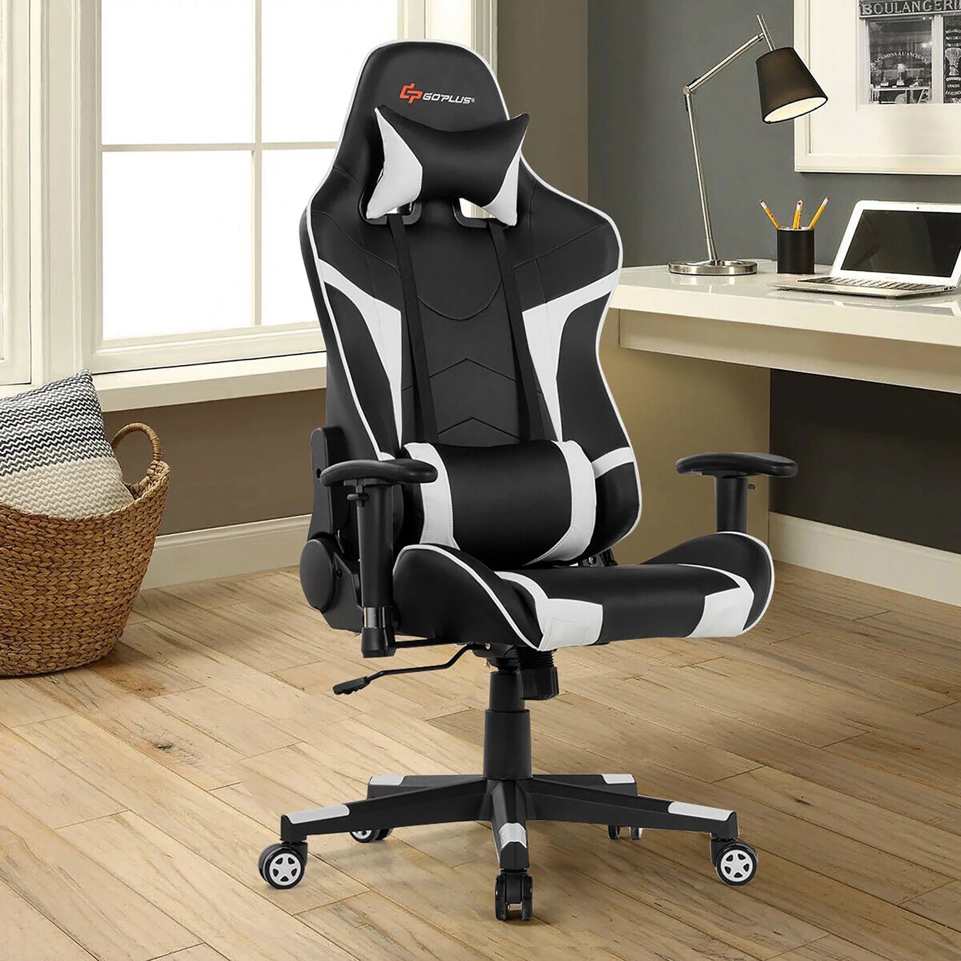 Goplus Massage Gaming Chair Racing Computer Swivel Chair with Headrest & Lumbar Support White