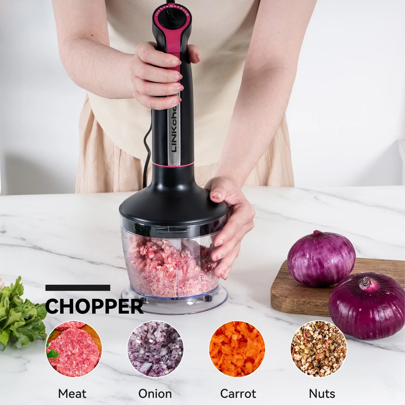 LINKChef Immersion Blender, 20-Speed 1000W 5-in-1 Immersion Hand Blender, Stick Blender with Turbo Mode, Baby Food Processor with Chopper, Blender for Kitchen with 600ml Beaker (Black)