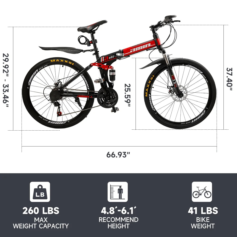 ARTUDATECH Full Suspension Mens Folding Mountain Bike, Shimano 21 Speed, 26 Inch Wheel, Dual Disc Brake Foldable Bike for Men Womens Adult Bicycle