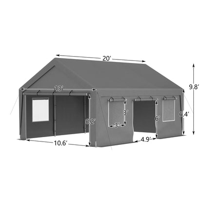 LZBEITEM Carport, 13' x 20' Heavy Duty Carport with Roll-up Sidewall and Ventilated Windows, Portable Outdoor Garage for Car, Truck, SUV, Boat, Car Canopy with All-Season Tarp, Gray, Height 9.8'