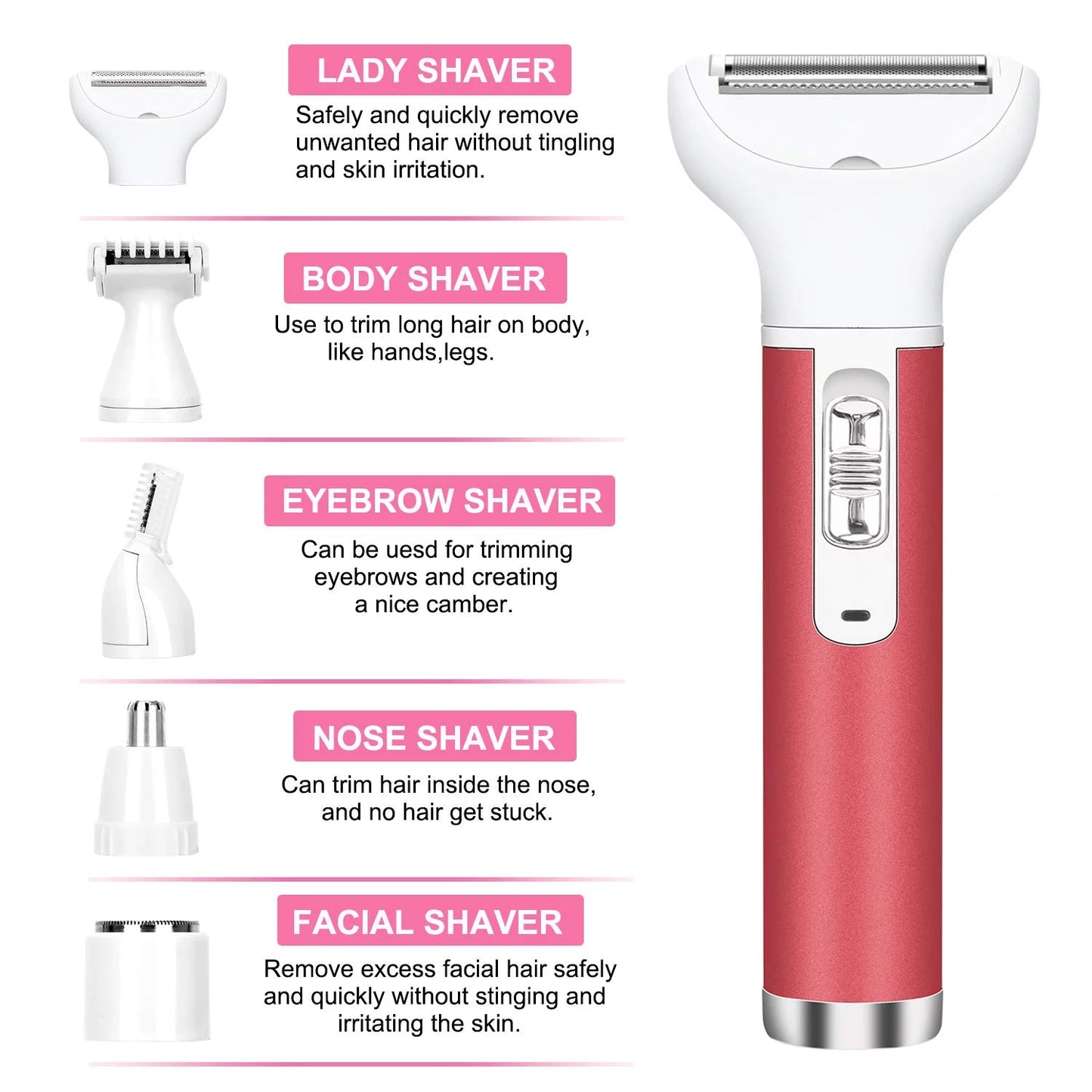 Hoey 5 in 1 Painless Hair Remover for Women, Facial Hair Removal, Electric Cordless Shaver Set, Wet & Dry Lady Razor for Women for