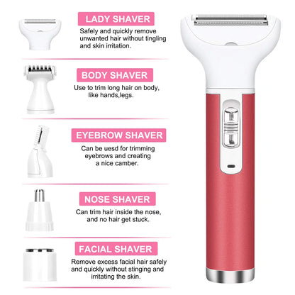 Hoey 5 in 1 Painless Hair Remover for Women, Facial Hair Removal, Electric Cordless Shaver Set, Wet & Dry Lady Razor for Women for