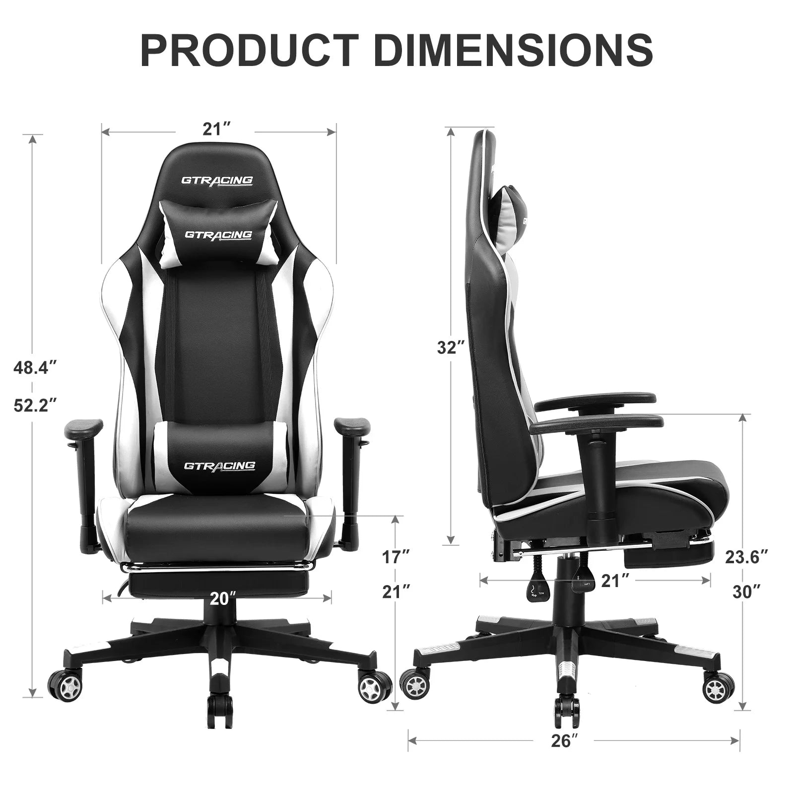 GTRACING Gaming Chair with Footrest PU Leather Office Chair with Adjustable Headrest, White