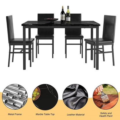 5 Piece Dining Table Set, Modern Faux Marble Tabletop and 4 PU Leather Upholstered Chairs, Rectangle Kitchen Table and Chairs for 4 Persons, Small Dining Set for Bar Dining Room Breakfast Nook