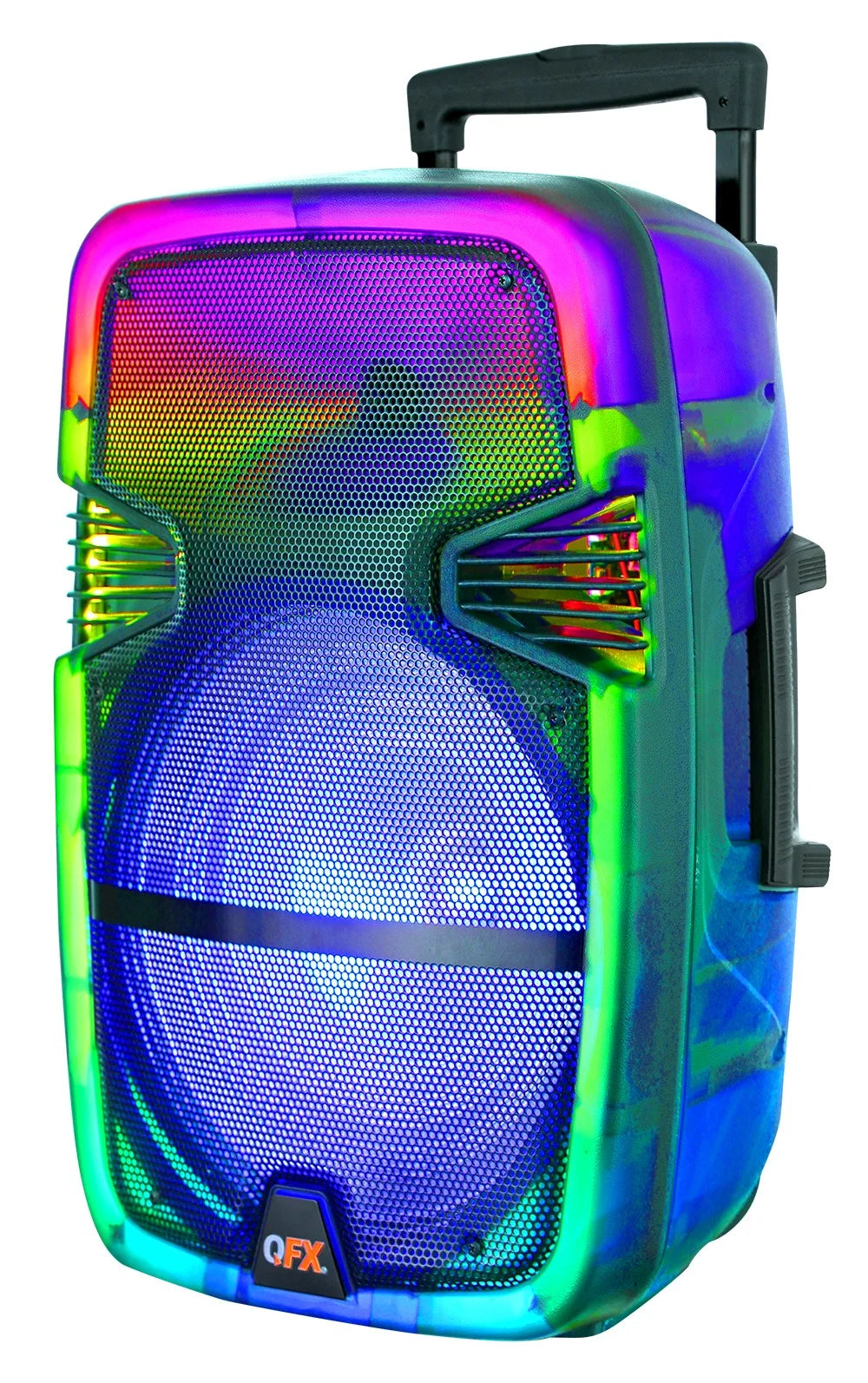 QFX TMS-1560 15” Portable Bluetooth Rechargable Party Speaker with Translucent Motion Party Lights and Remote