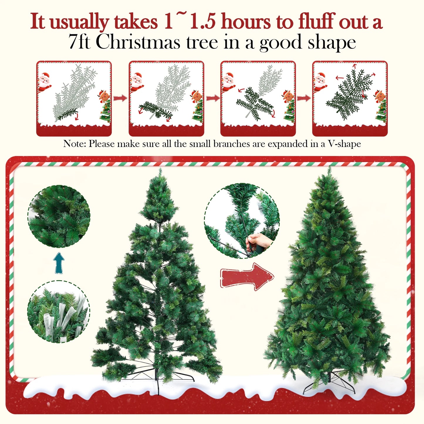 Posrue 7.5FT Pre-lit Artificial Full Christmas Tree, Green PVC Spruce Holiday Xmas Trees with 1600 Branch Tips & 400 Warm LED Lights