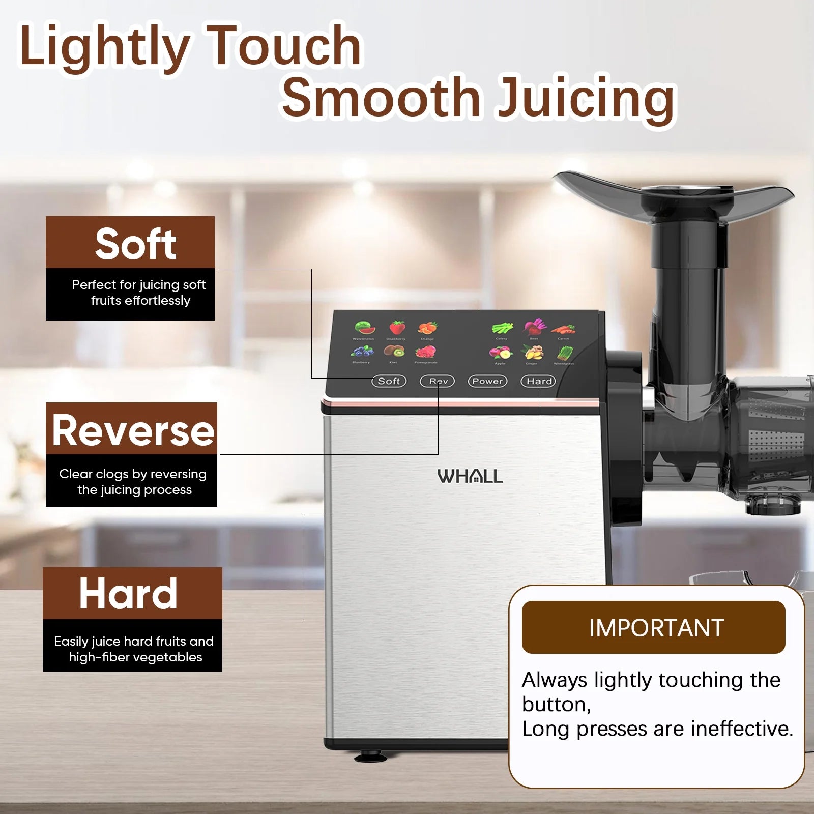 WHALL Masticating Slow Juicer Machine - Touchscreen Cold Press Juicer Machines with Quiet Motor & Reverse Function