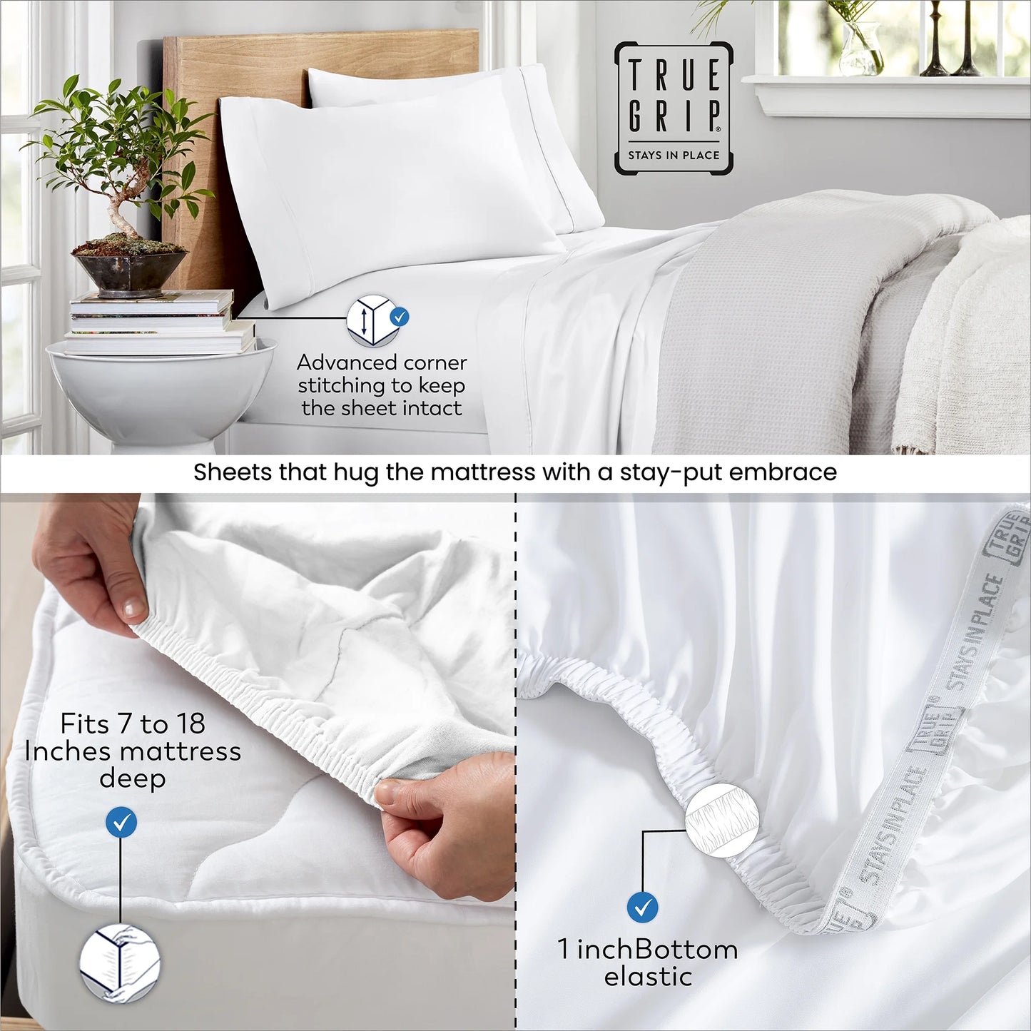 Color Sense 1200 Thread Count Wrinkle-Resistant Super Soft Extra Deep Pocket Hotel Luxury Cotton Blend 4-Piece Sateen Sheet Set Queen White